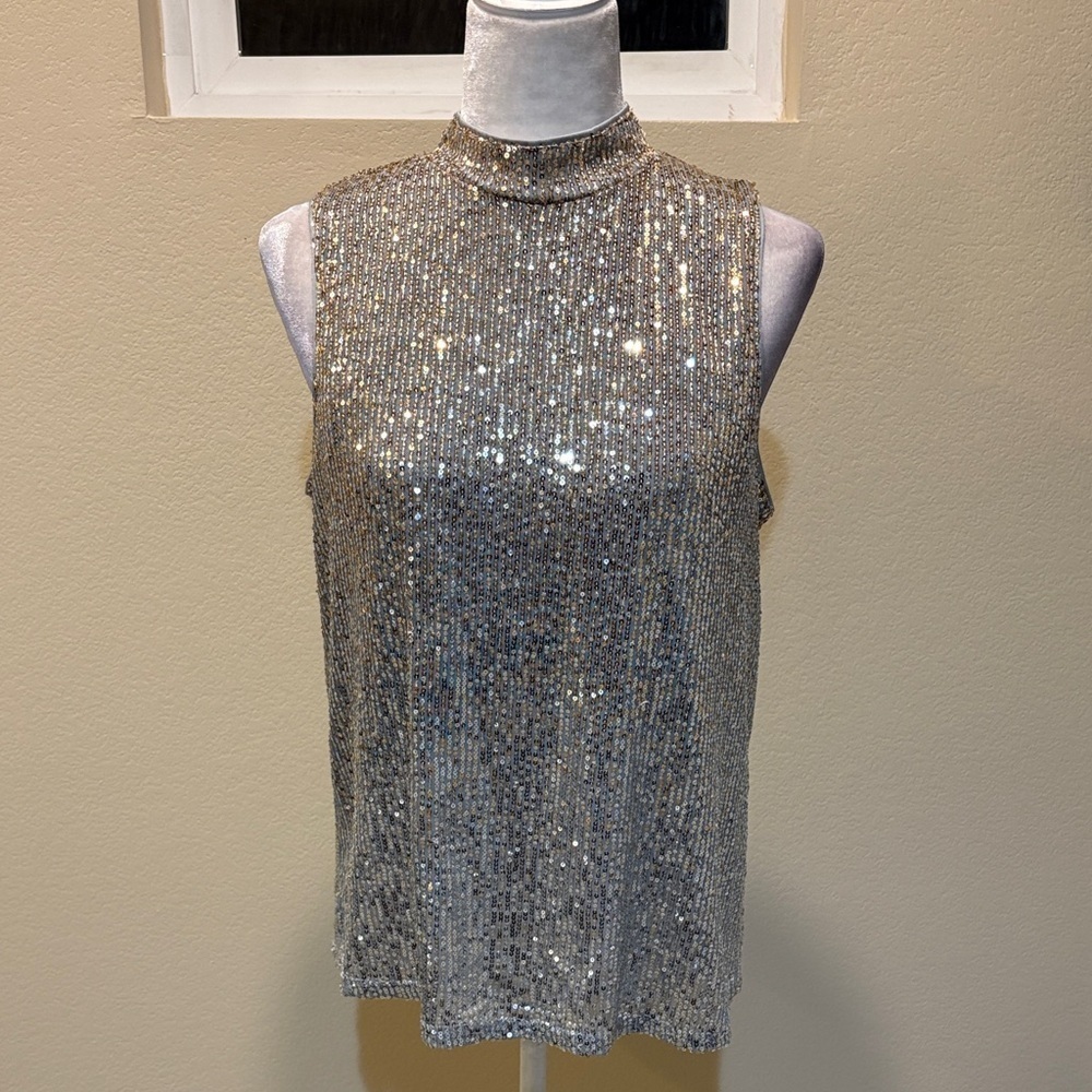 Cupio Silver Sparkle Sleeveless Blouse-Size L